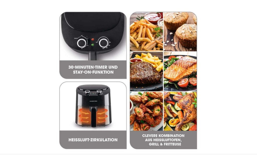 Heißluftfritteuse Schwarz 4,5 L 1450 W, 8 Programme Timer LCD-Display 34x26x27 cm