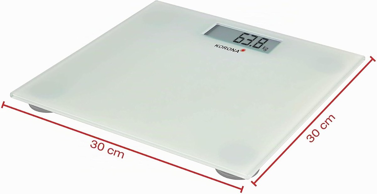 Digitale Personenwaage, Glasoberfläche, Weiß, LCD-Display, 30 × 30 cm