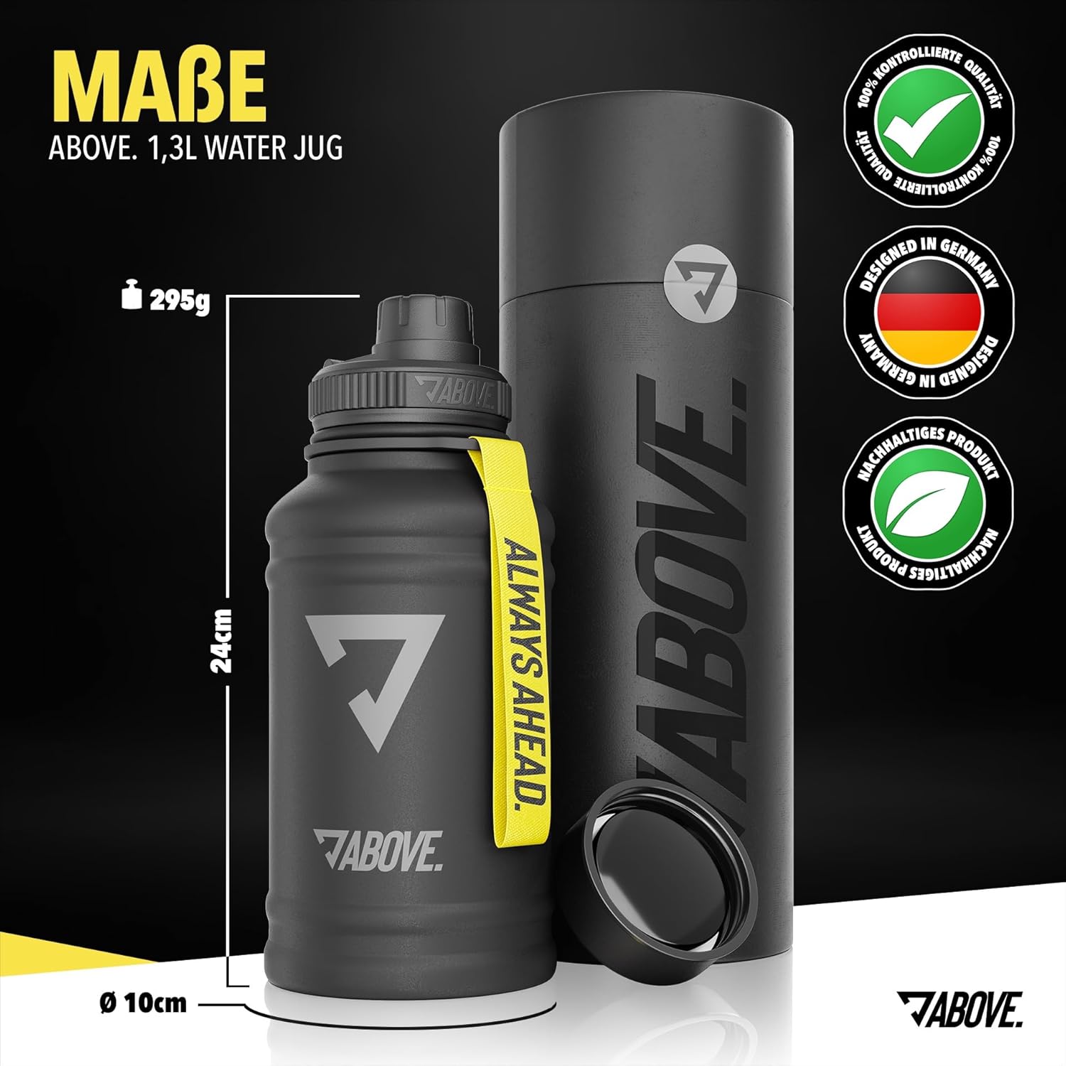 ABOVE Trinkflasche Edelstahl 1,3L schwarz Fitness Sport Outdoor