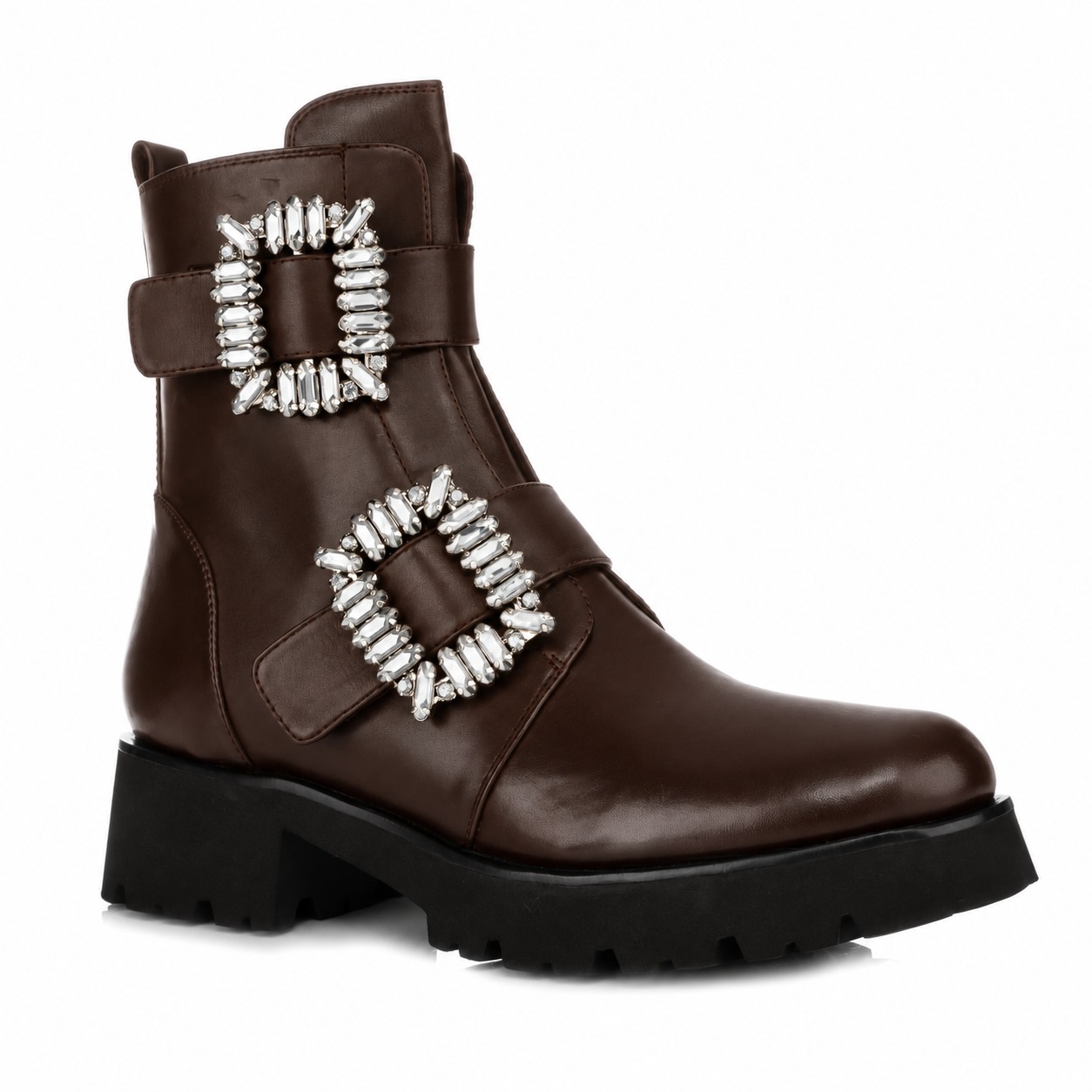 Stiefel, Braun, Gürtelverzierung, Schmuck-Schnalle, Gummisohle