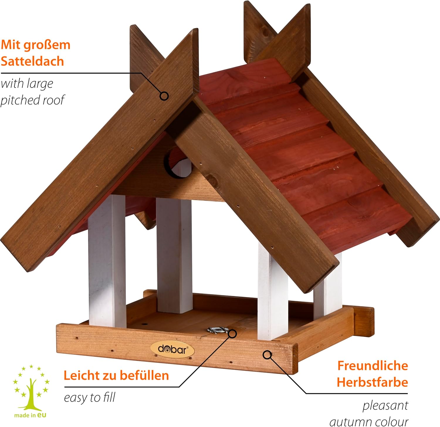 dobar Green Label Großes Vogelhaus Herbstfrüchte für Ständermontage - Futterstation für Wildvögel mit großem Futtertablett Wildvogelfutterplatz - 36 x 28,5 x 33,5 cm  Braun/Rot/Weiß