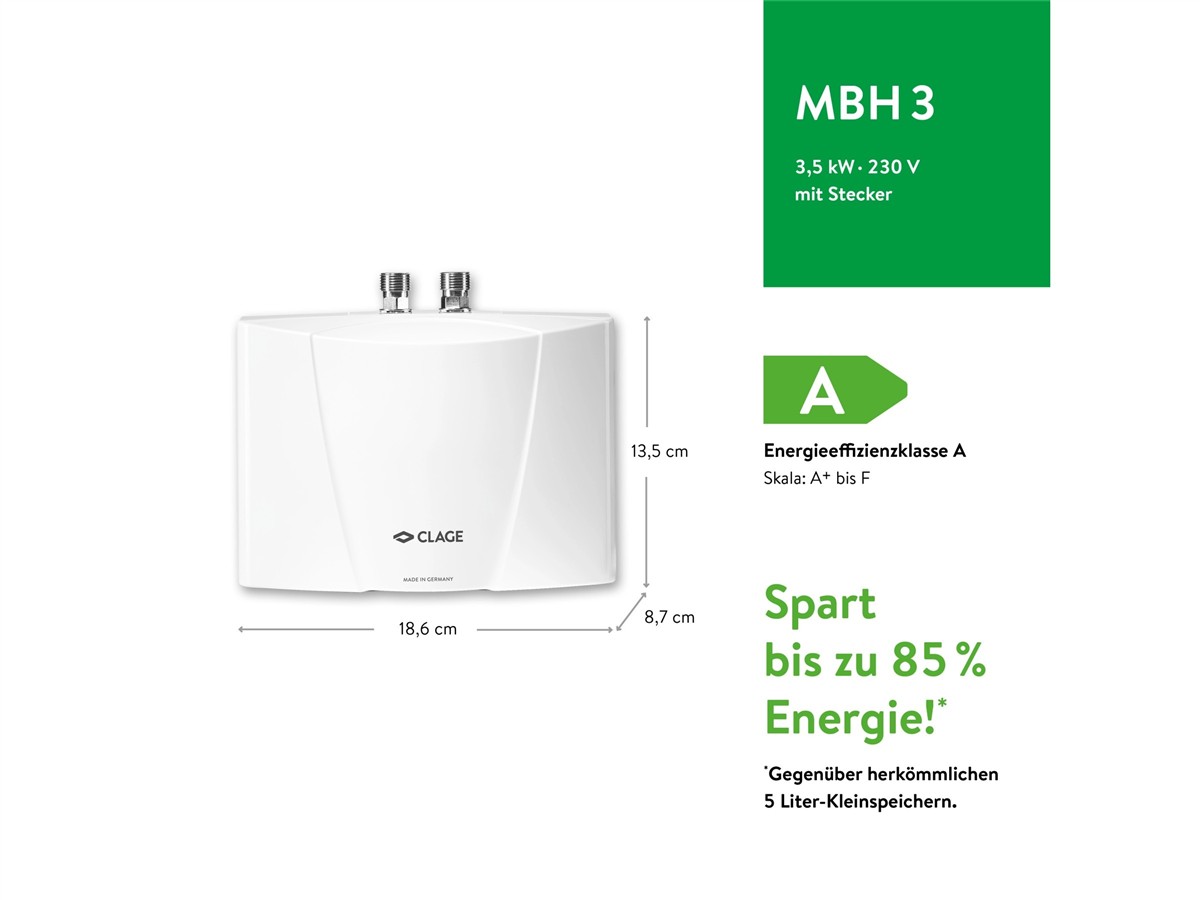 Wasserheizer, Wasserboiler, Kleinspeicher, Energiesparklasse A, 3,5 kW