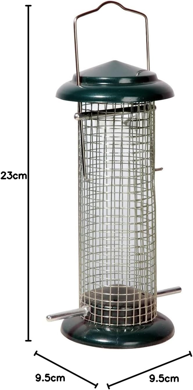 dobar Kompakte Vogelfuttersäule mit Anflugstangen  Wildvogelfutterspender für Nüsse - Vogelfutterstation Metall - Futterspender für Vögel in Garten/Terrasse/Balkon  Ø 9,5 x 23 cm - Grün