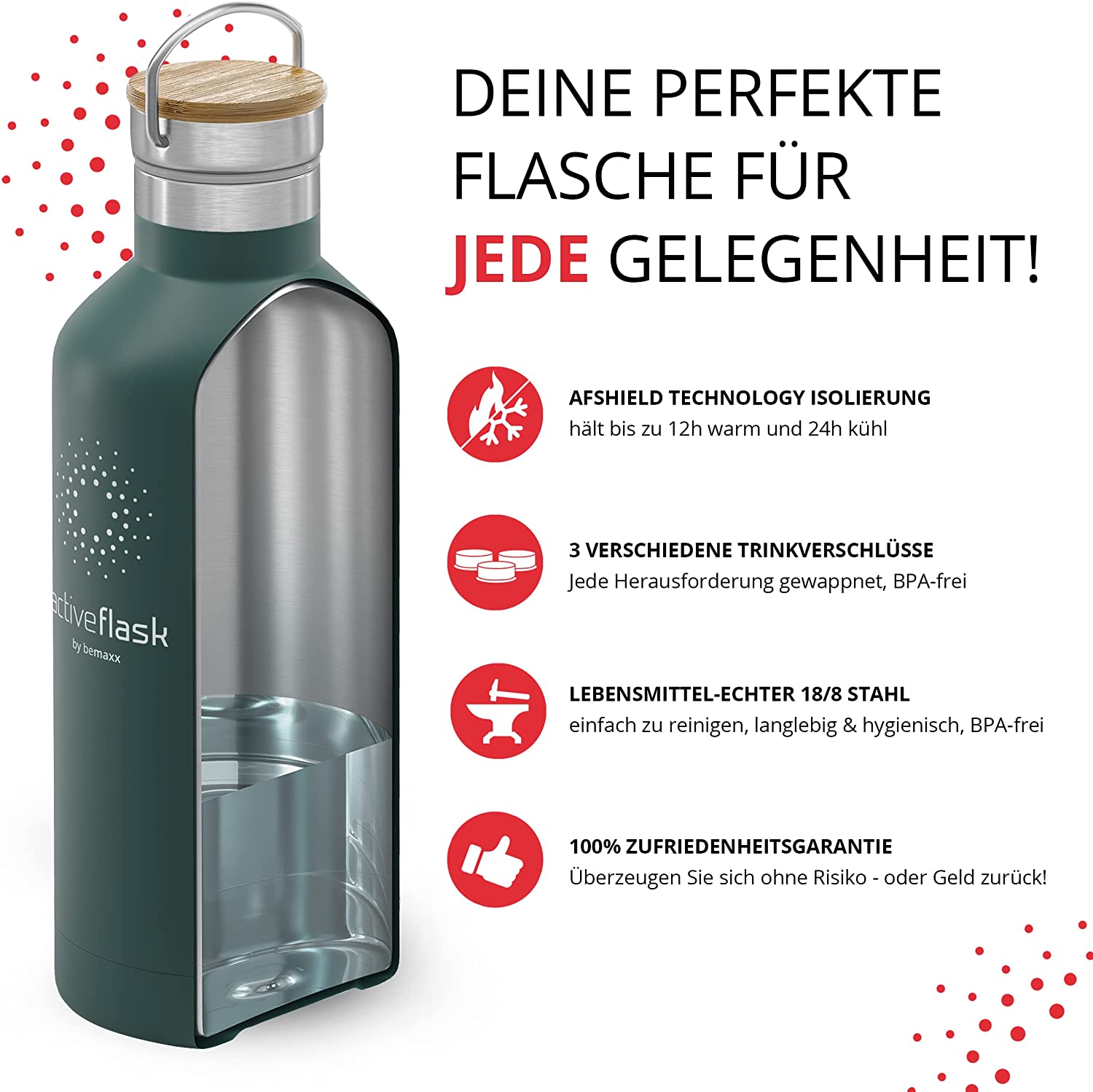 BeMaxx Trinkflasche Edelstahl ACTIVE FLASK oliv Bamboo-Verschluss 950l