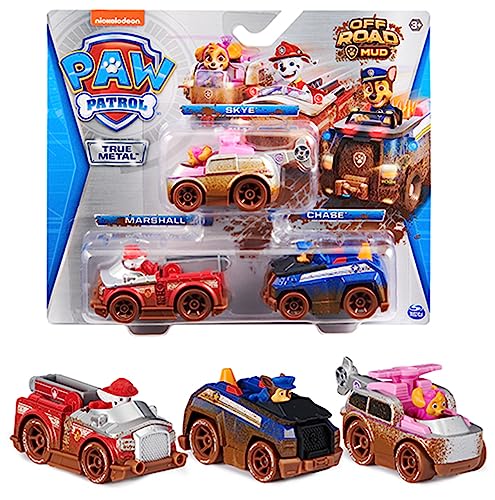 PAW PATROL True Metal 3er-Pack mit 3 Metall-Spielzeugautos von Skye, Chase und Marshall, Maßstab 1:55, für Kinder ab 3 Jahren, Design mit Offroad-Schlamm-Dekor
