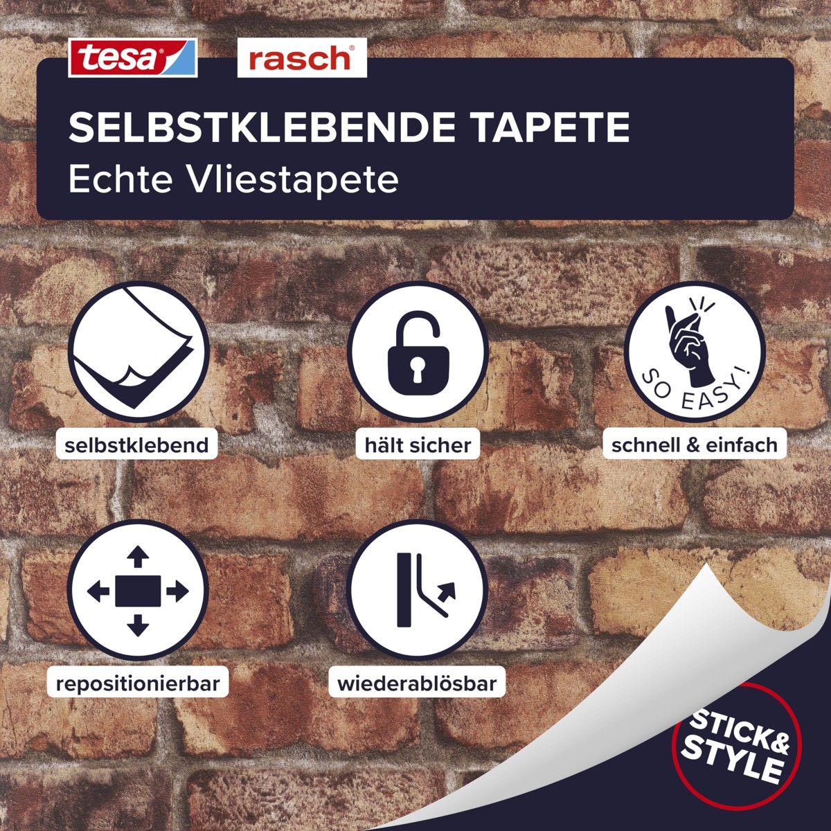 Vliestapete, selbstklebend, Backsteinmuster, braun-beige, wiederablösbar
