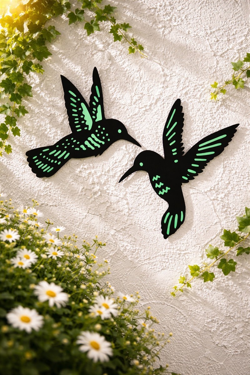 Hummingbird-Dekoration, Wandkunst, Metall-Silhouette, Neon-Türkis Akzente, Gartenornament