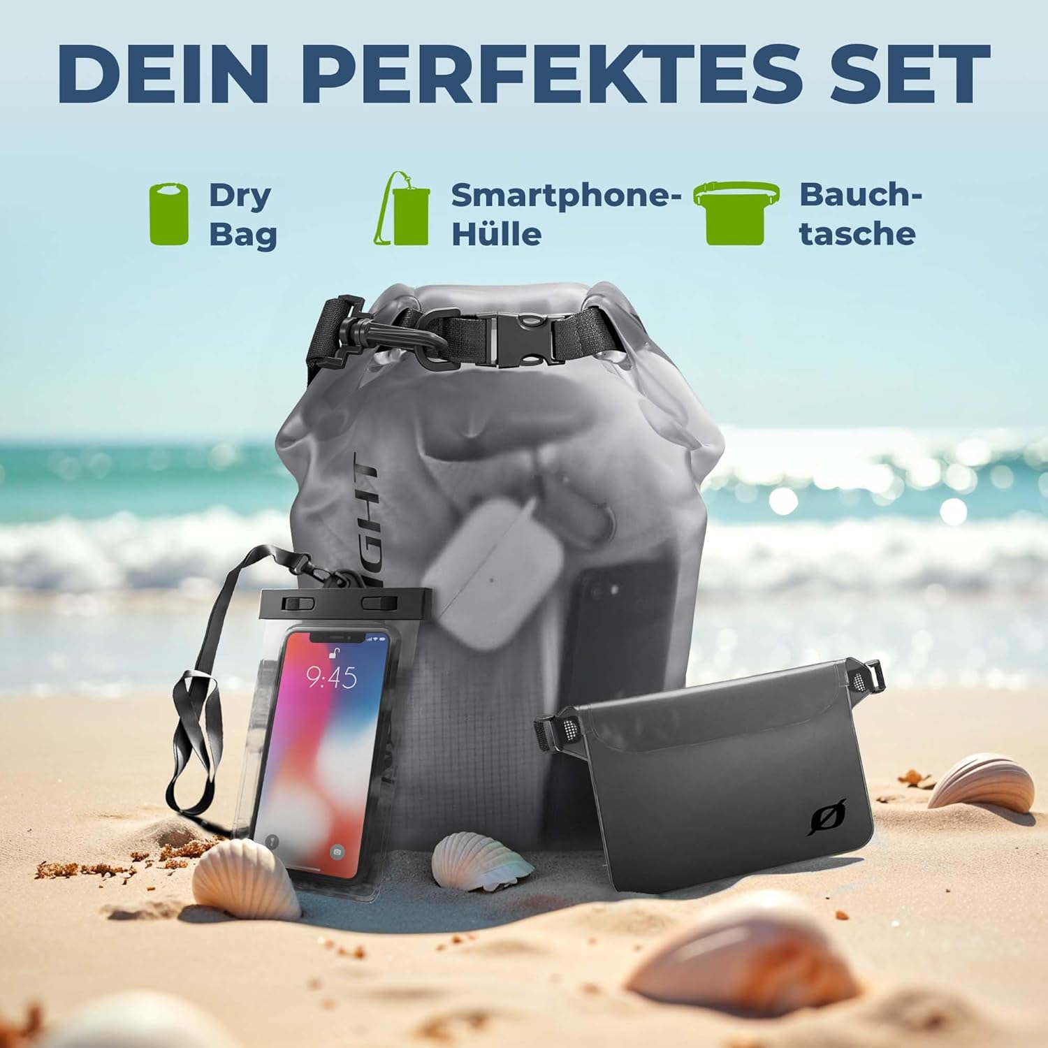 Nordlight 3er Set Wasserdichter Rucksack Dry Bag 20L - Roll Top Rucksack Kurierrucksack anthrazit