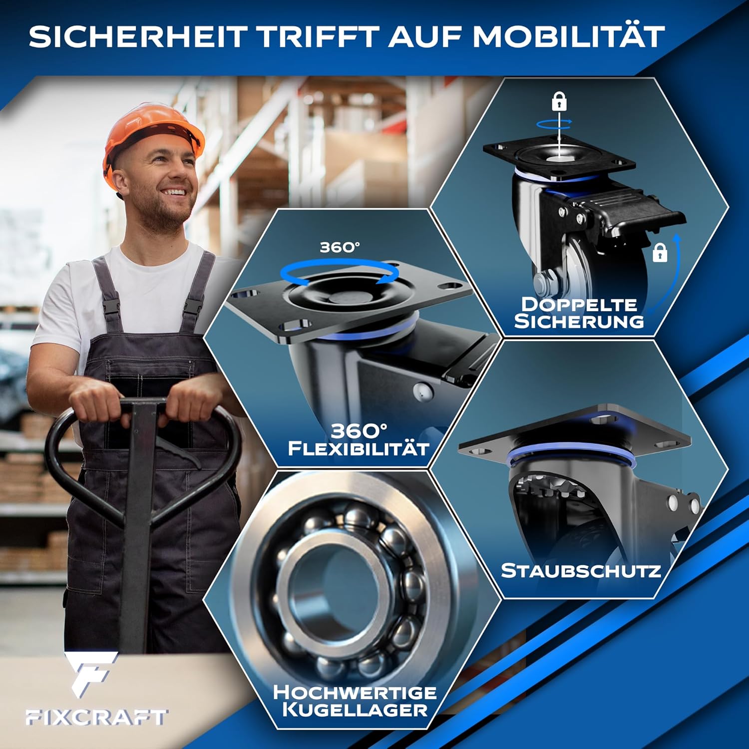 FIXCRAFT 4x Schwerlastrollen mit Bremse Möbelrollen Transportrollen 50mm