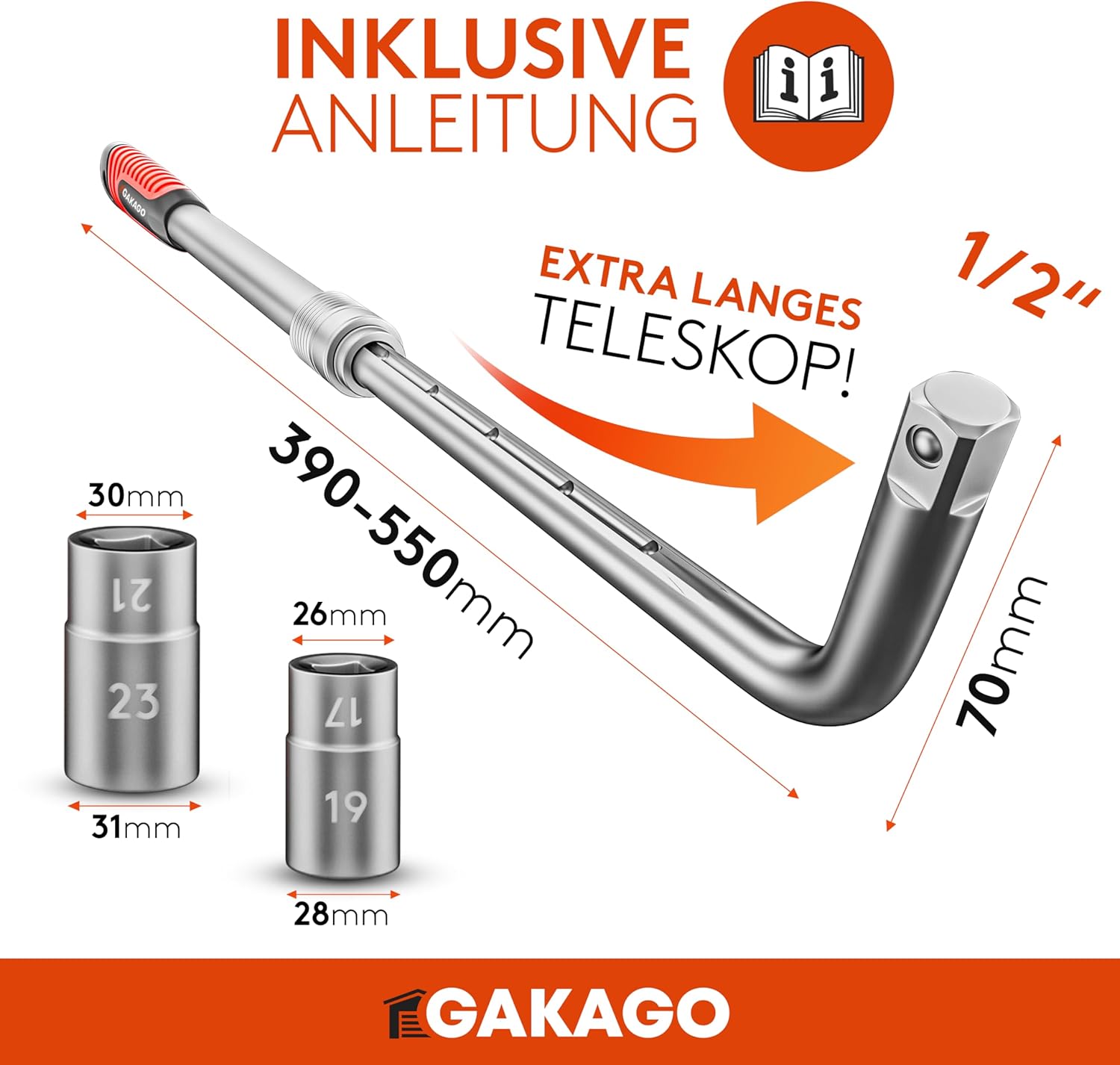 Gakago Teleskop Radmuttern-Schlüssel Set mit 17/19mm & 21/23mm Steckschlüssel-Einsatz 1/2 Zoll