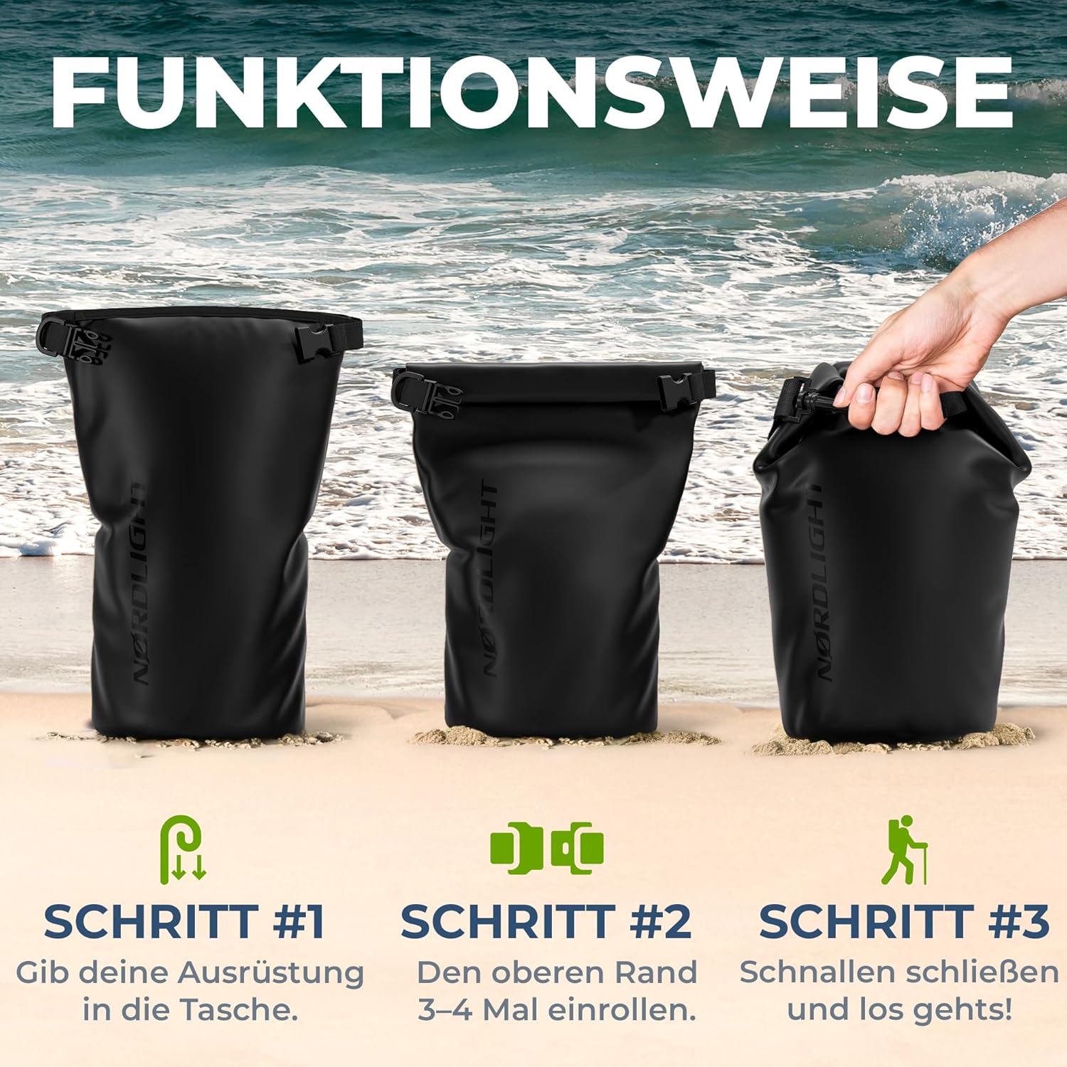 Nordlight 3er Set Wasserdichter Rucksack Dry Bag 20L - Roll Top Rucksack Kurierrucksack schwarz