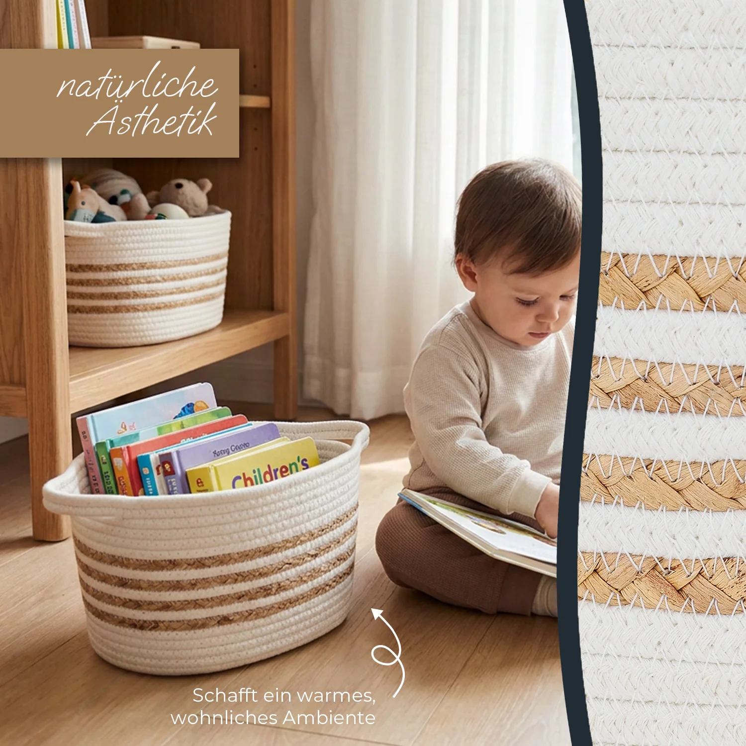 Korb aus Bast, Kinderbuchkorb, Aufbewahrungskorb, Naturfarben, Korb mit Henkel