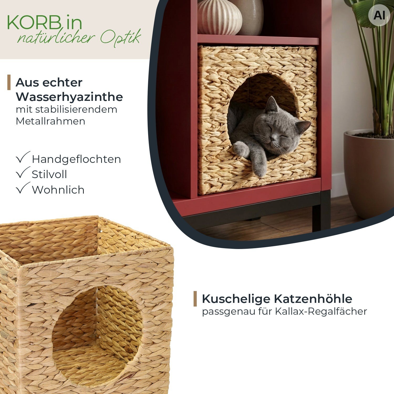 Katzenhöhle, Wasserhyazinthe, handgeflochten, Naturfarben, Metallrahmen