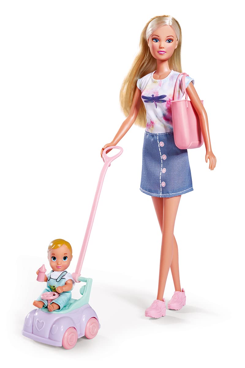 Simba 105733585 - Steffi Love Baby Car, Ankleidepuppe mit Kind, Laufauto, 2-in-1 Funktion, mit Handtasche und Babyzubehör, 12 Teile, 29cm Puppe, ab 3 Jahren