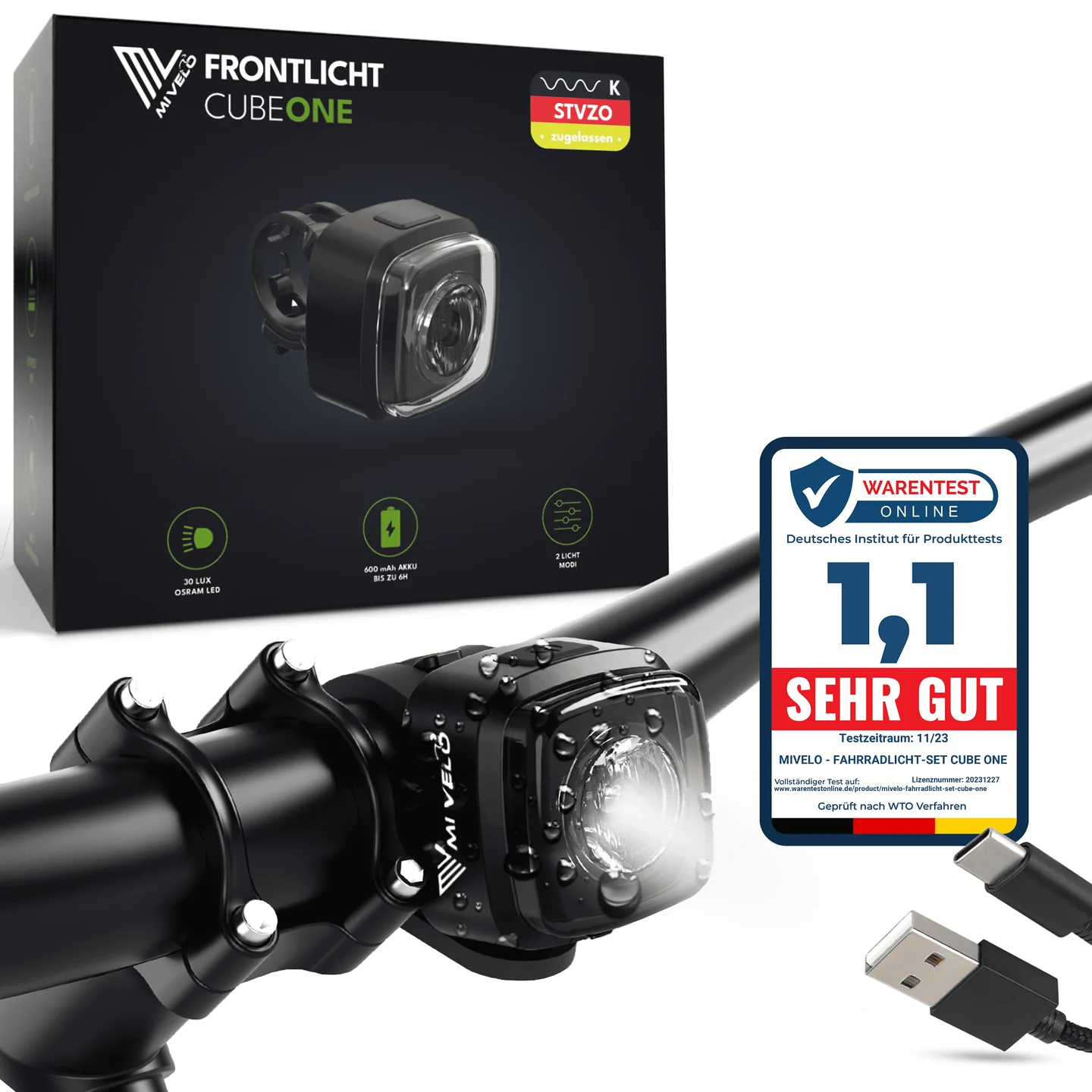 Fahrradlicht vorne 30 Lux CUBE Front Leuchte - LED Fahrradbeleuchtung