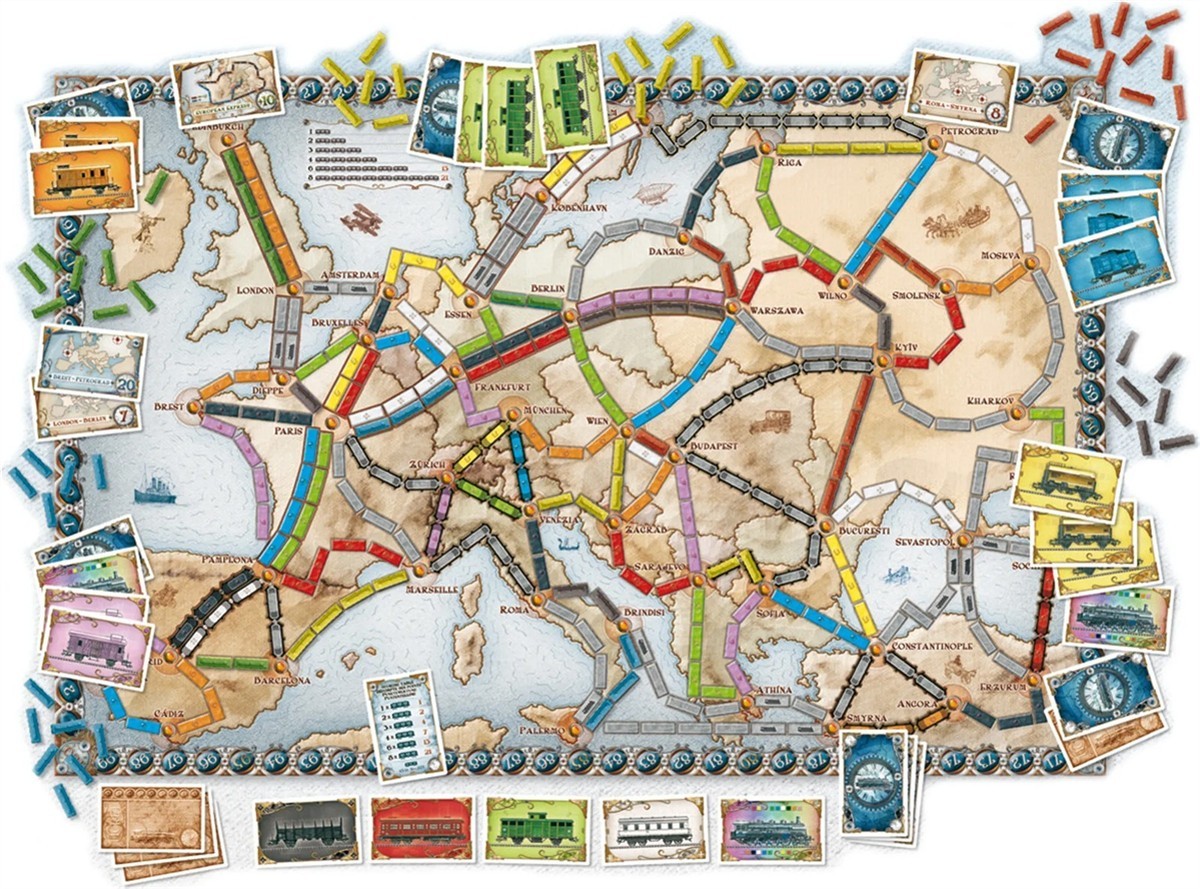 Brettspiel, Spielplan, Zug-Route, Karten, Schienen