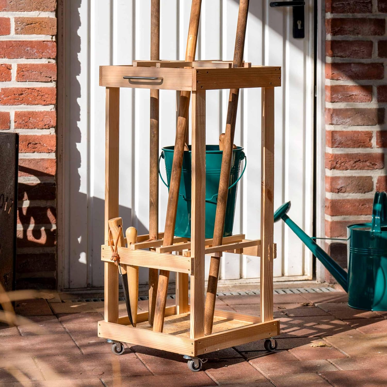 dobar Gartenwerkzeug-Organizer auf Rollen Mobiler Gartengerätehalter aus Holz - Rollbares Gartenwerkzeugregal für Garten Garage und Schuppen 38 x 38 x 86 cm