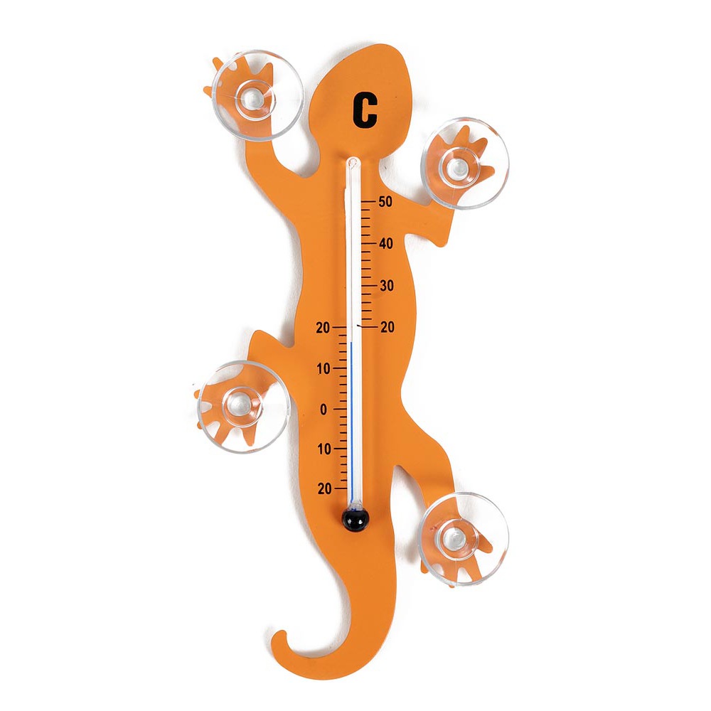 Fenster - Thermometer Gecko aus Metall, 14 cm mit 4 starken Saugnäpfen zur Befestigung innen und auß