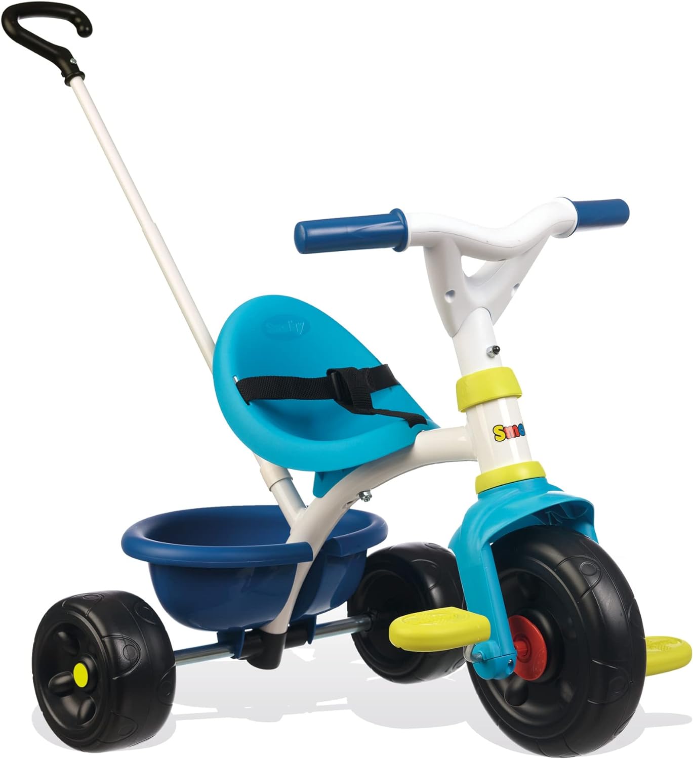 Smoby 740323 Be Fun Dreirad blau Kinderdreirad mit Lenkstange Sicherheitsgurt Metallrahmen Pedal Freilauf
