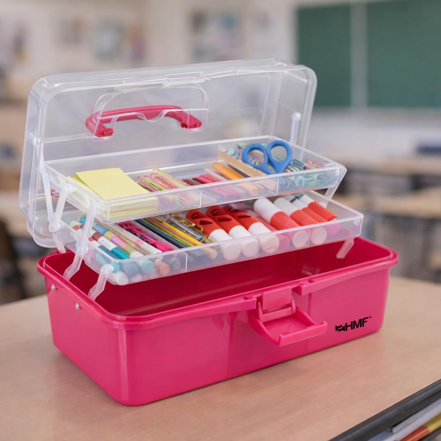 HMF Nähkasten aufklappbar mit 3 Ebenen Sortierbox für Kleinteile 36,5 x 20,5 x 16 cm Pink