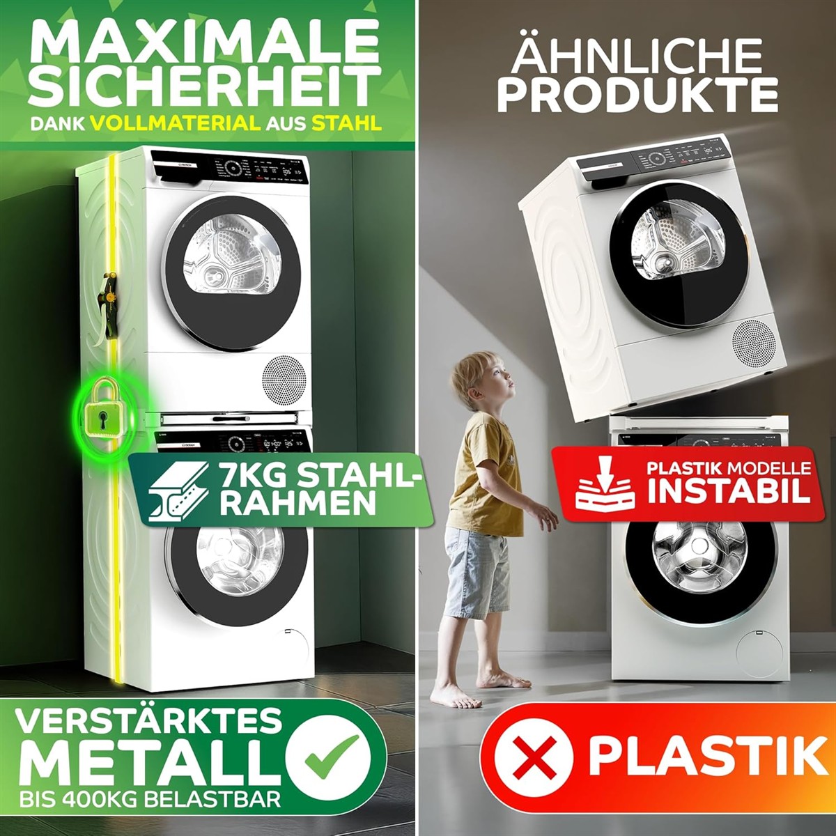 Waschmaschine, Waschmaschinen-Set, Frontlader, 7kg, Stahlrahmen