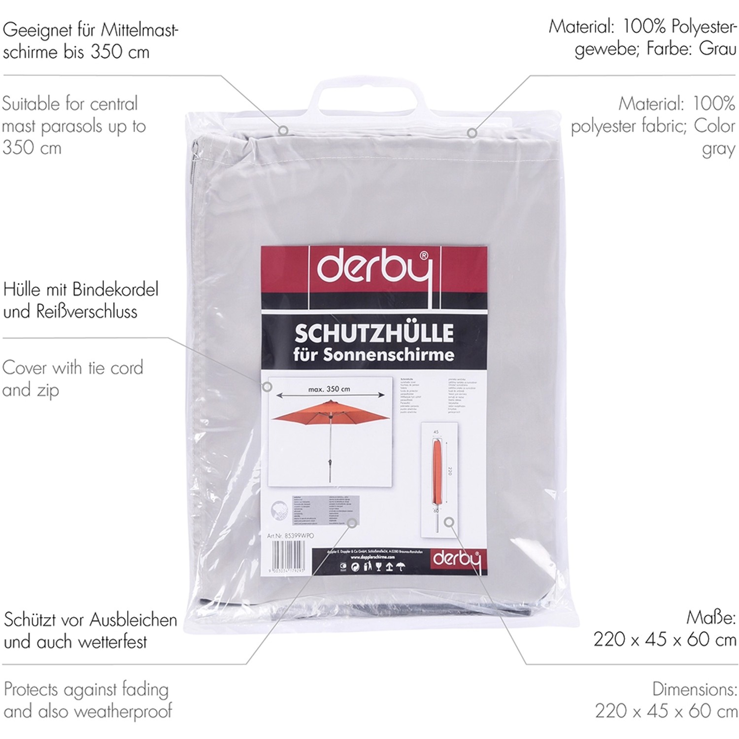 Doppler Derby Schirmhülle Basic bis Ø 350 cm Hellgrau