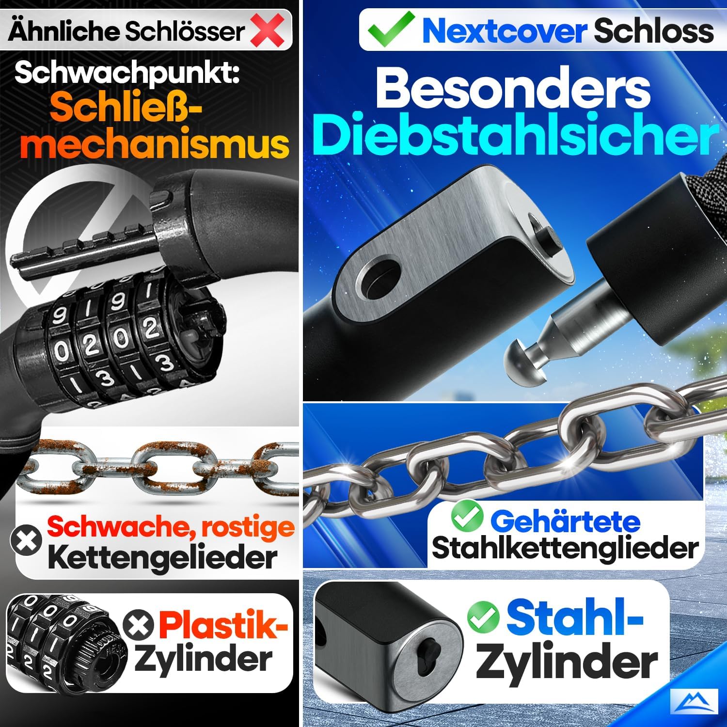 NEXTCOVER Fahrradschloss LockOne mit Zahlencode SAFESECURE Zahlenschloss hohe Sicherheit Fahrradschloss Zahlenschloss robustes & langlebiges Kettenschloss Fahrrad Bike Lock