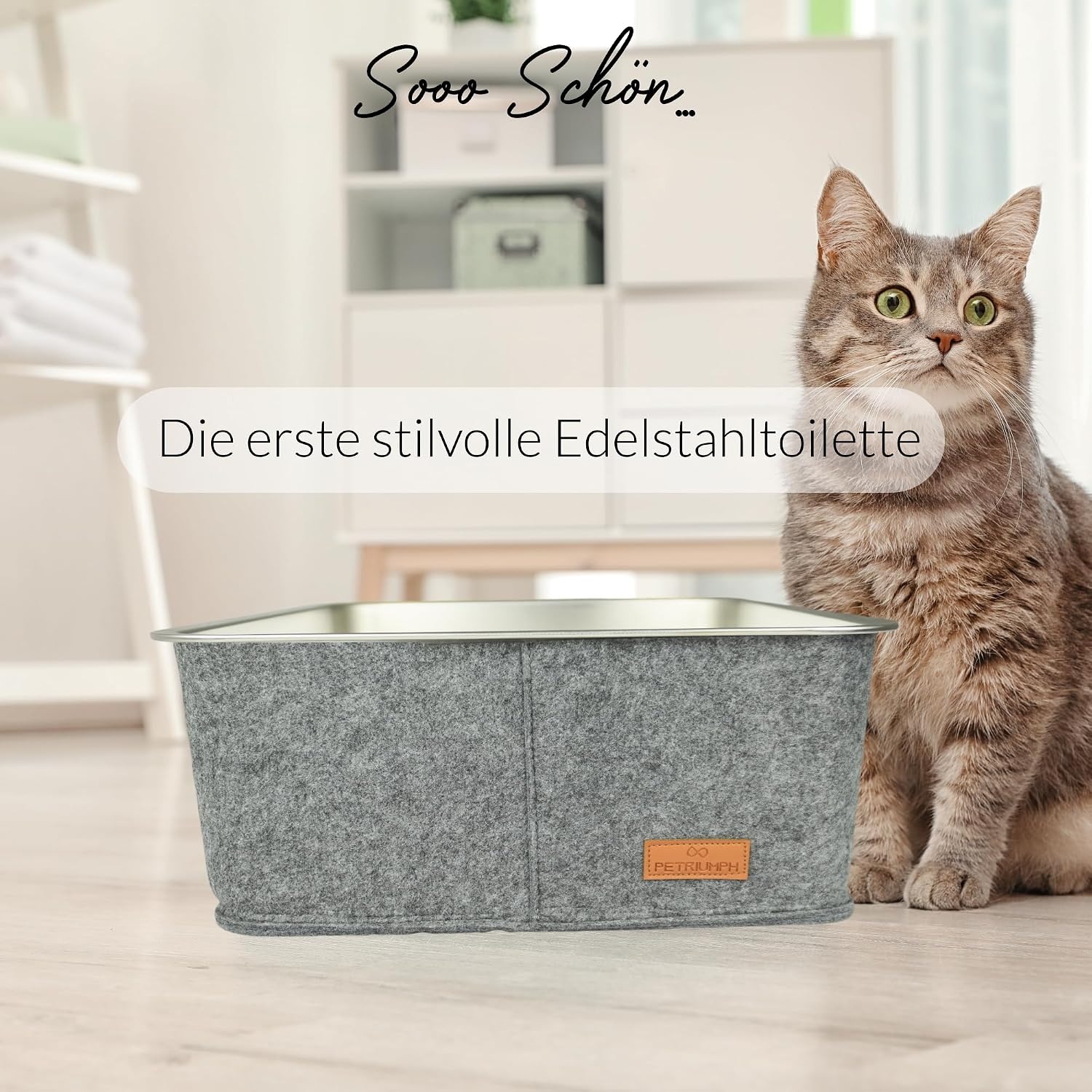 Katzentoilette, Edelstahleinsatz, Filzverkleidung, Grau, Oval