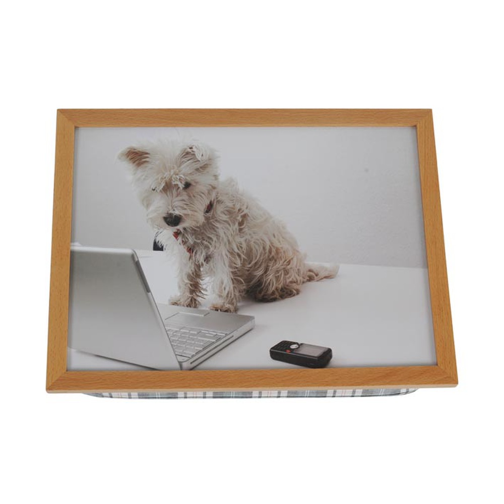 Tablettkissen mit Holzrahmen Hund vor Laptop