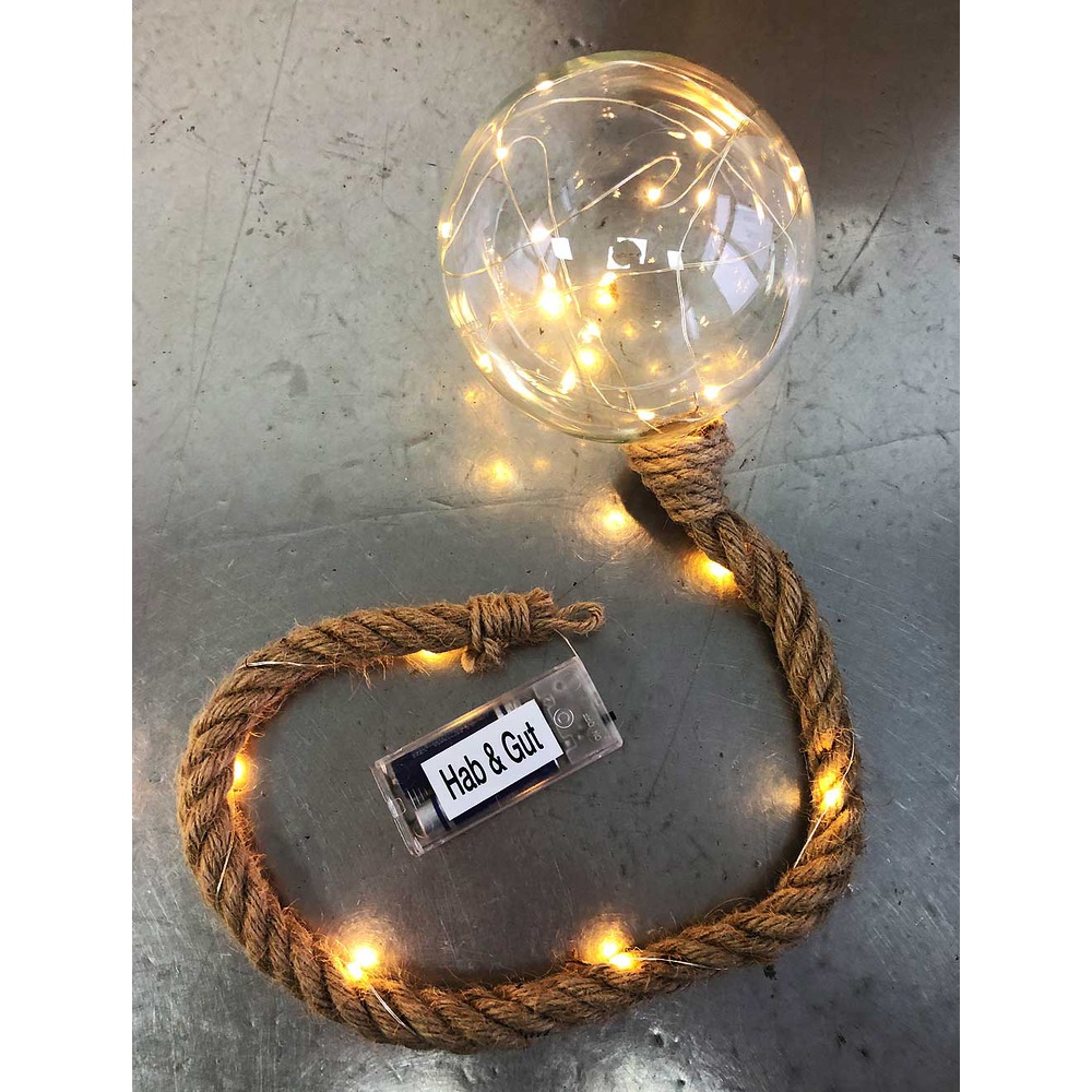 Leuchte an Glaskugel mit Hanfseil 20 LED-Lichter warmweiß Batterie