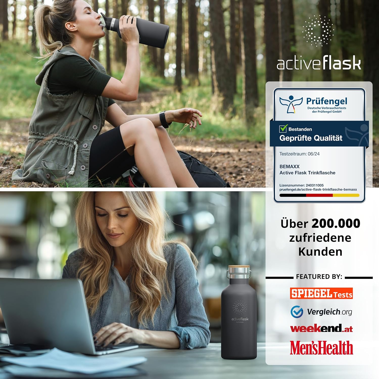 BeMaxx Trinkflasche Edelstahl ACTIVE FLASK coll grey Bamboo-Verschluss 530l