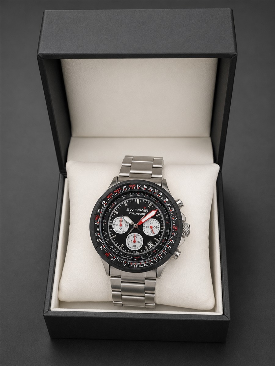 uhr, chronograph, edelstahl, silber, schwarzer ring