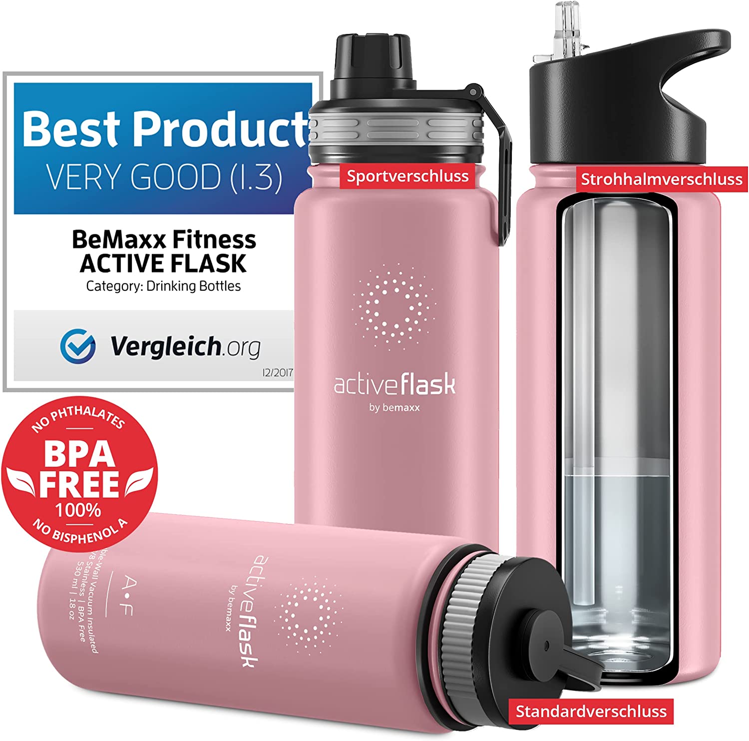 BeMaxx Trinkflasche Edelstahl ACTIVE FLASK rosa 530ml
