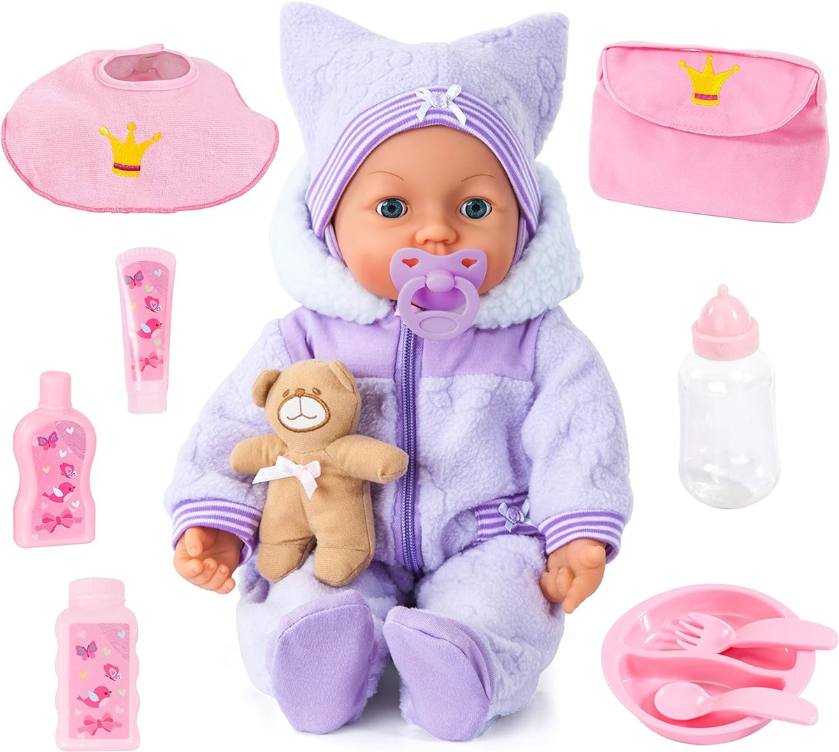Baby-Doll, Lila-Outfit, Schnuller, Flasche, Zubehör