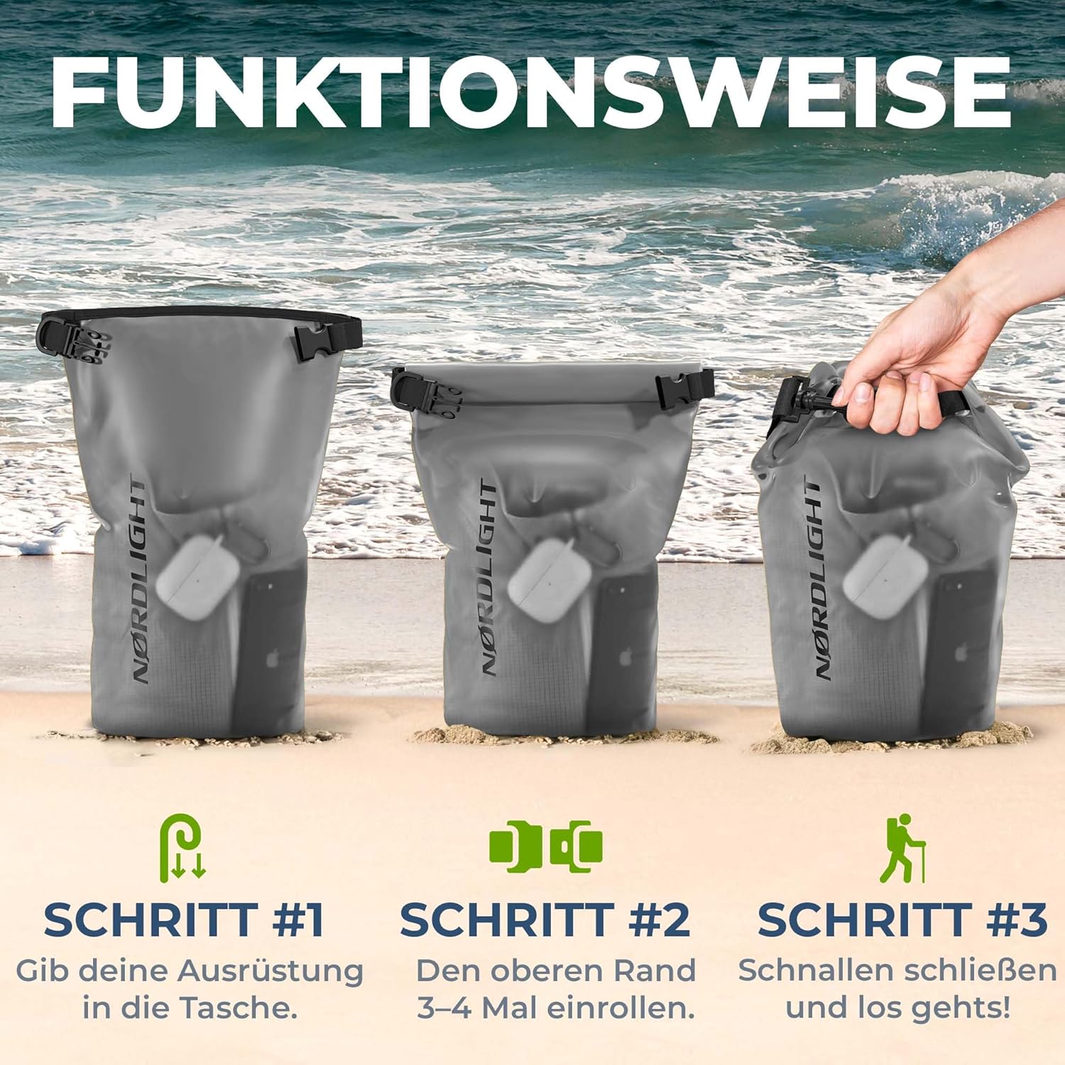 Nordlight 3er Set Wasserdichter Rucksack Dry Bag 20L - Roll Top Rucksack Kurierrucksack anthrazit