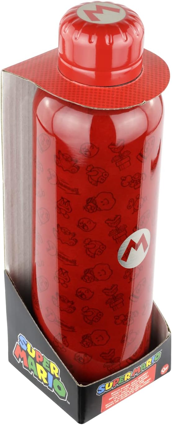 POS 33447 Edelstahl Trinkflasche Super Mario Design doppelwandig auslaufsicher für Schule Sport und Freizeit Trinkflasche Wasserflasche aus Edelstahl Flasche mit Schraubverschluss