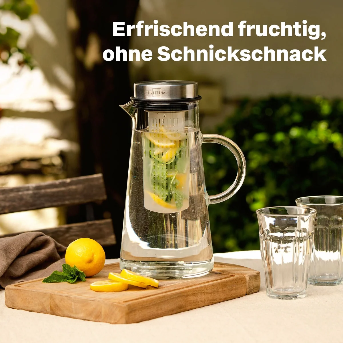 Glaskaraffe, Edelstahldeckel, Fruchteinsatz, Transparentes Glas, Zitronenwasser
