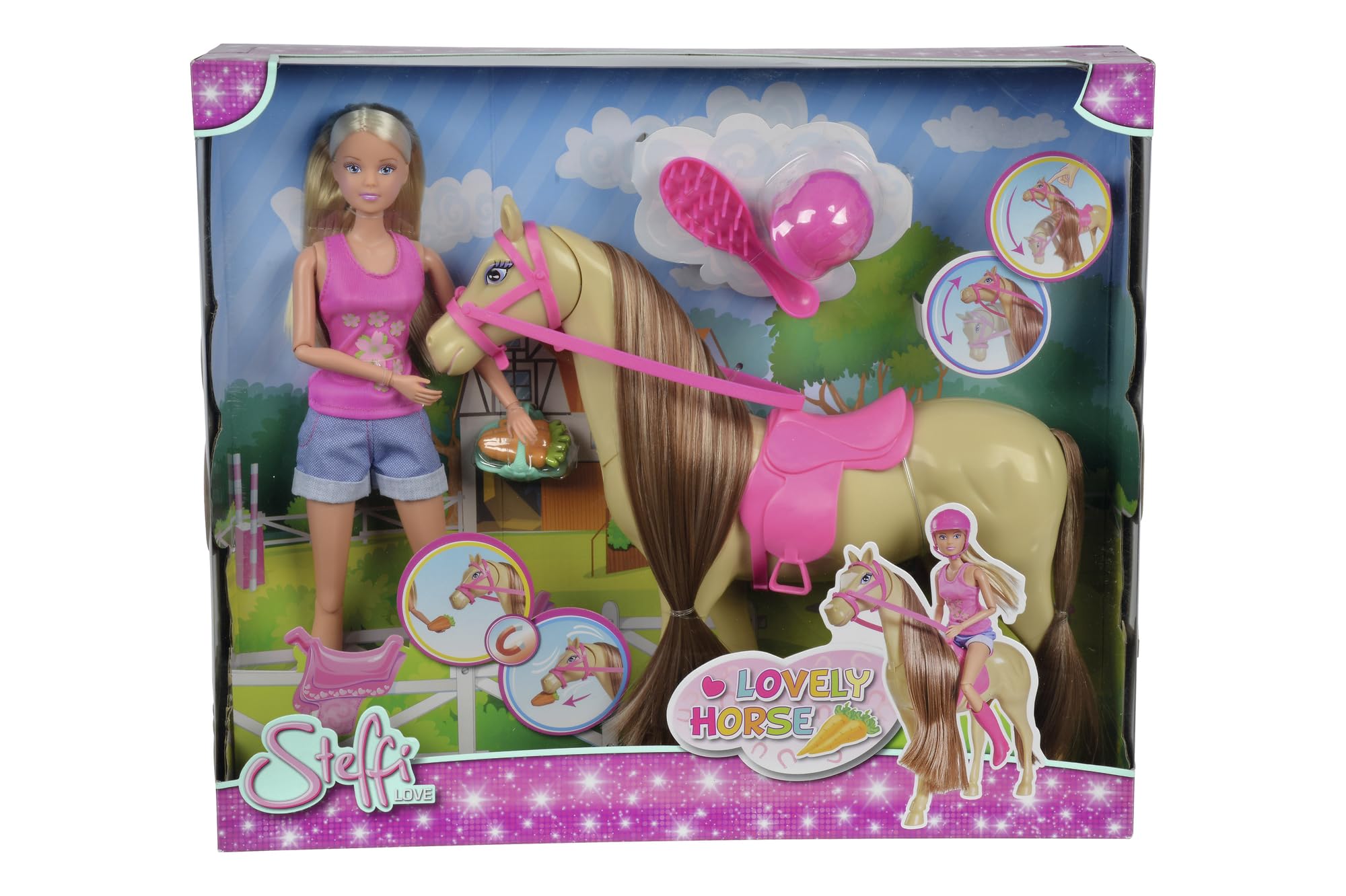 Simba 105733052 - Steffi Love Lovely Horse, Steffi als Reiterin, Pferd mit Magnetfunktion beim Füttern, Ankleidepuppe, 29cm, für Kinder ab 3 Jahren