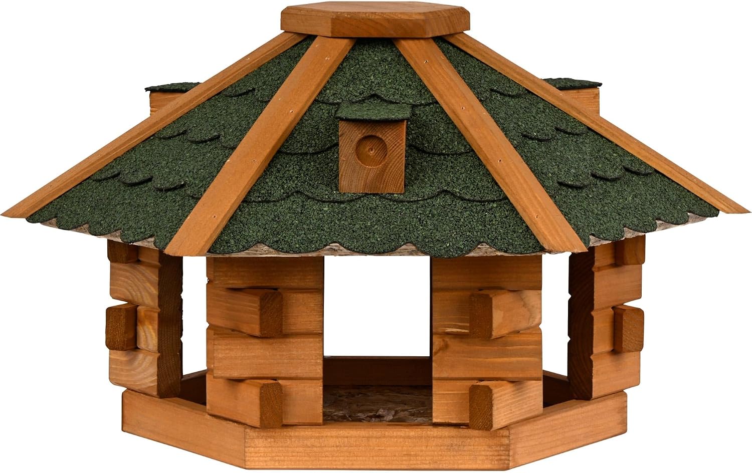 Vogelfutterhaus, Holz, Sechseckig, Bitumendach, Dunkelgrün