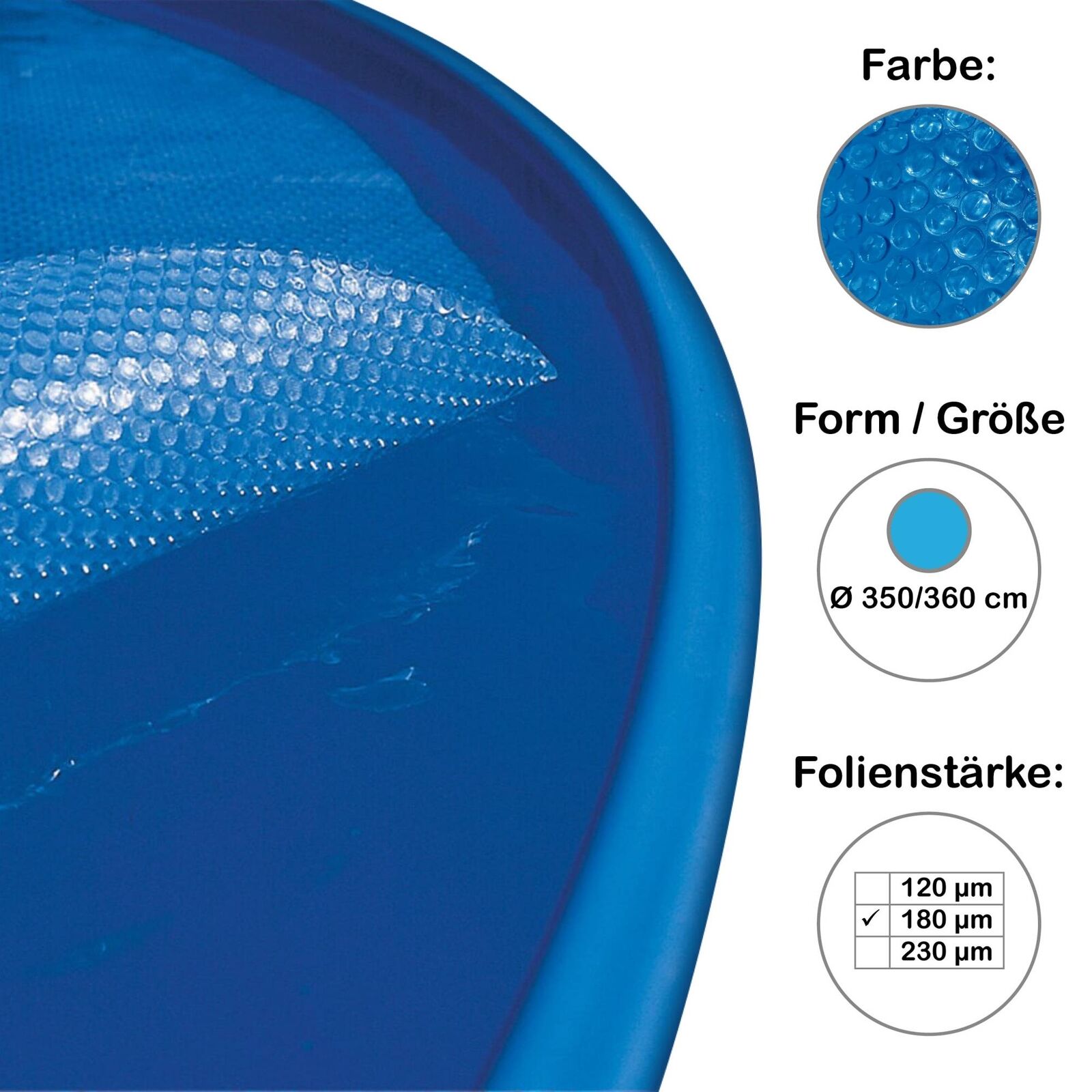 Standard-Solar-Abdeckung rund für Becken 350 bis 360cm, 180 µ