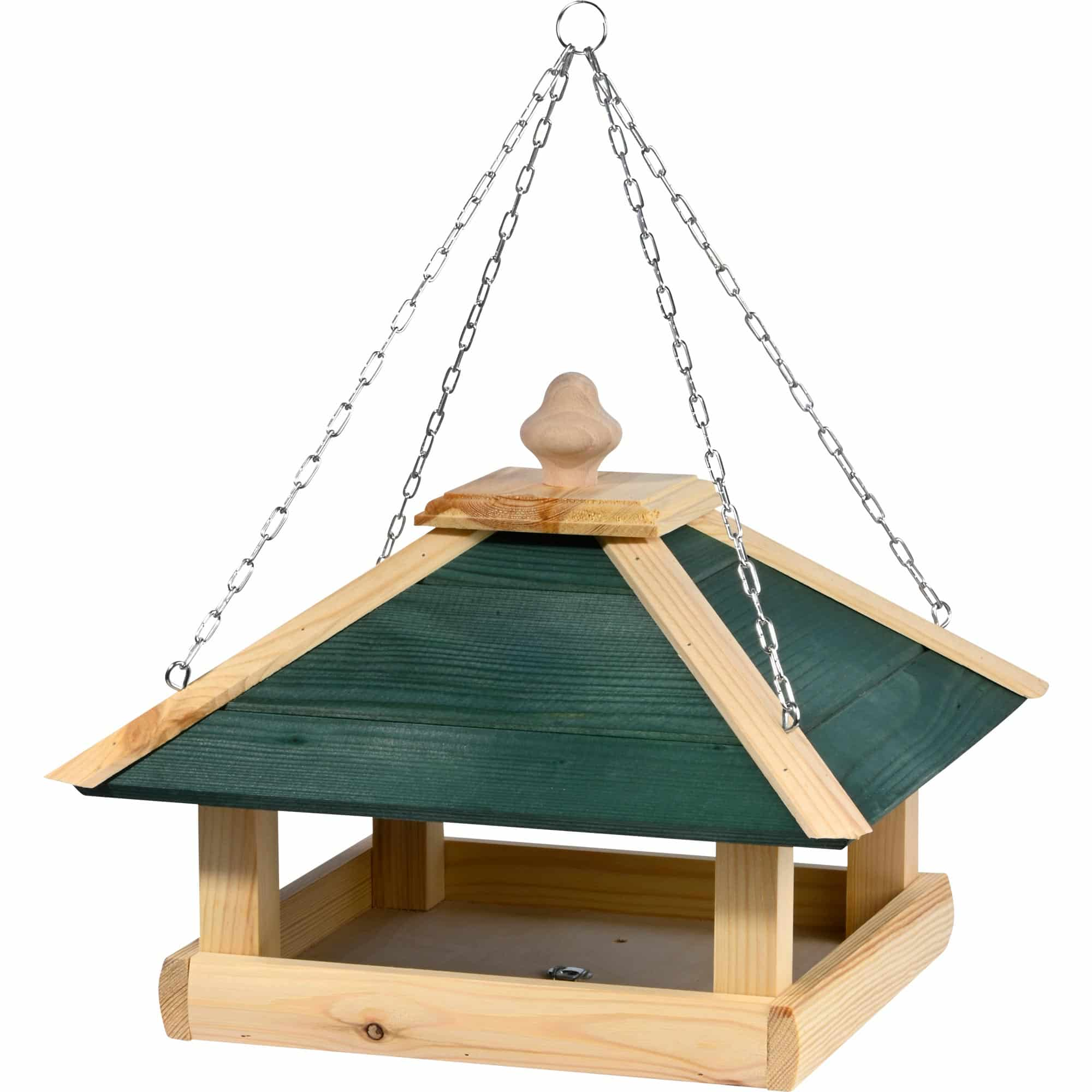 Holz–Futterhaus, Vogelfutterhaus, hängend, Nistkasten, grünes Dach