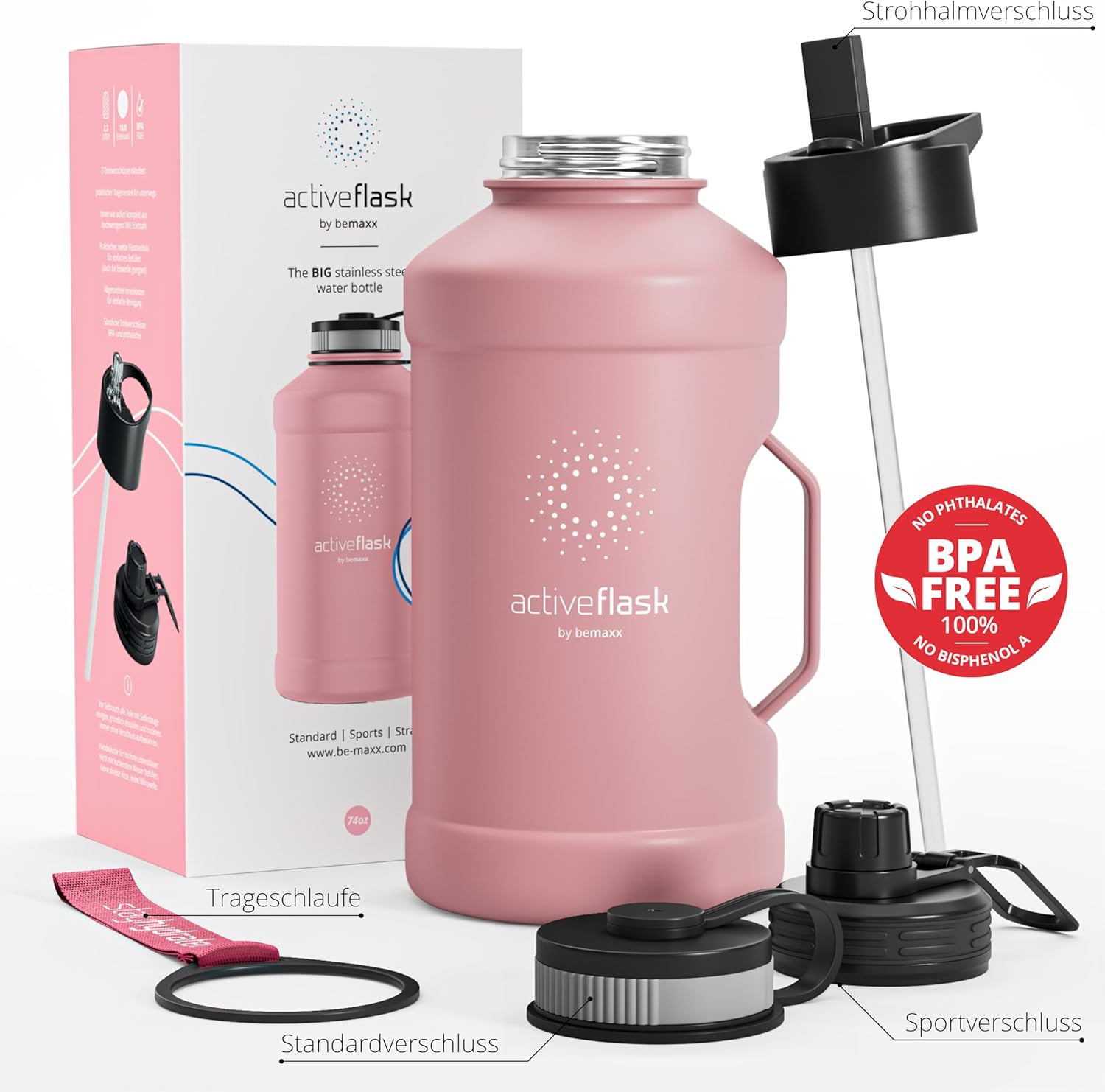 BeMaxx Trinkflasche Edelstahl ACTIVE FLASK BIG 2,2L rosa