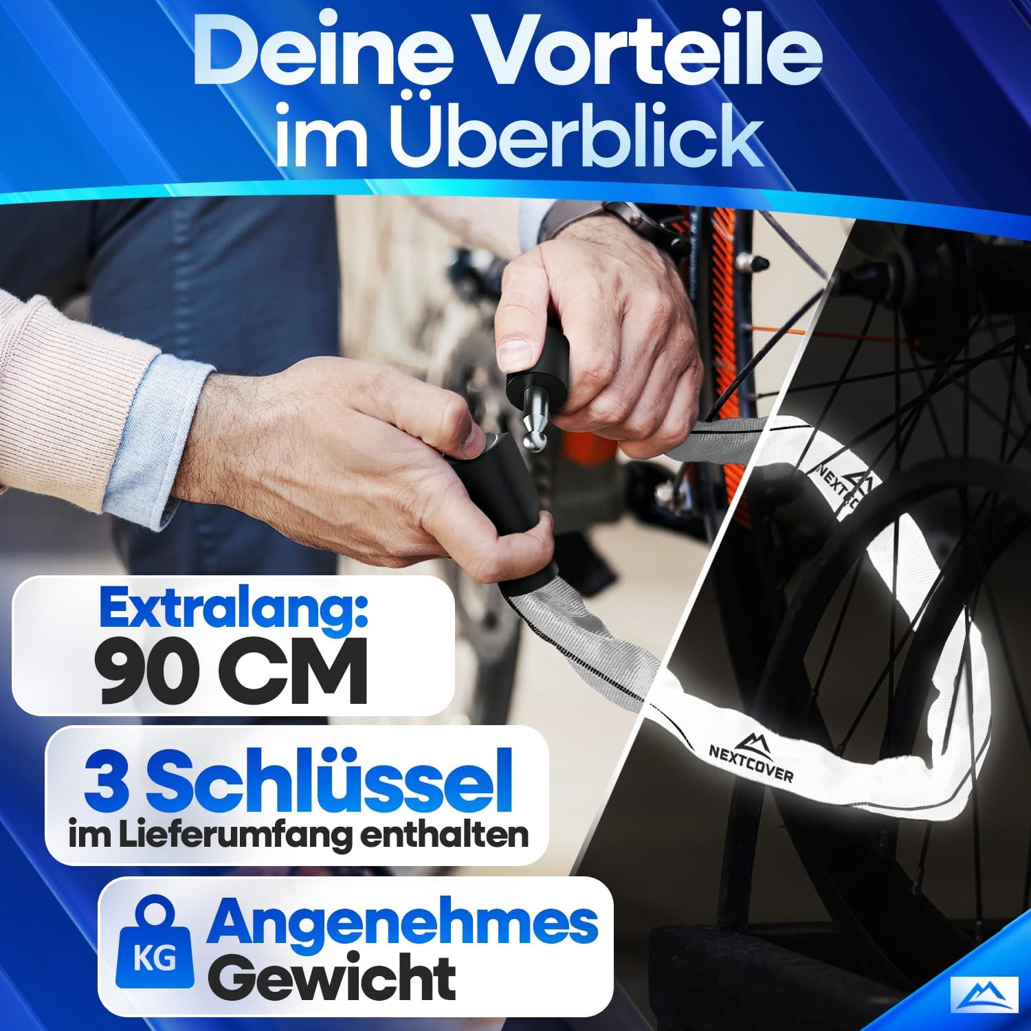 NEXTCOVER Fahrradschloss LockOne mit Schlüssel SAFESECURE Fahrradschloss hohe Sicherheit robustes & langlebiges Kettenschloss Fahrrad Bike Lock Fahrrad Schloss 3 Schlüssel