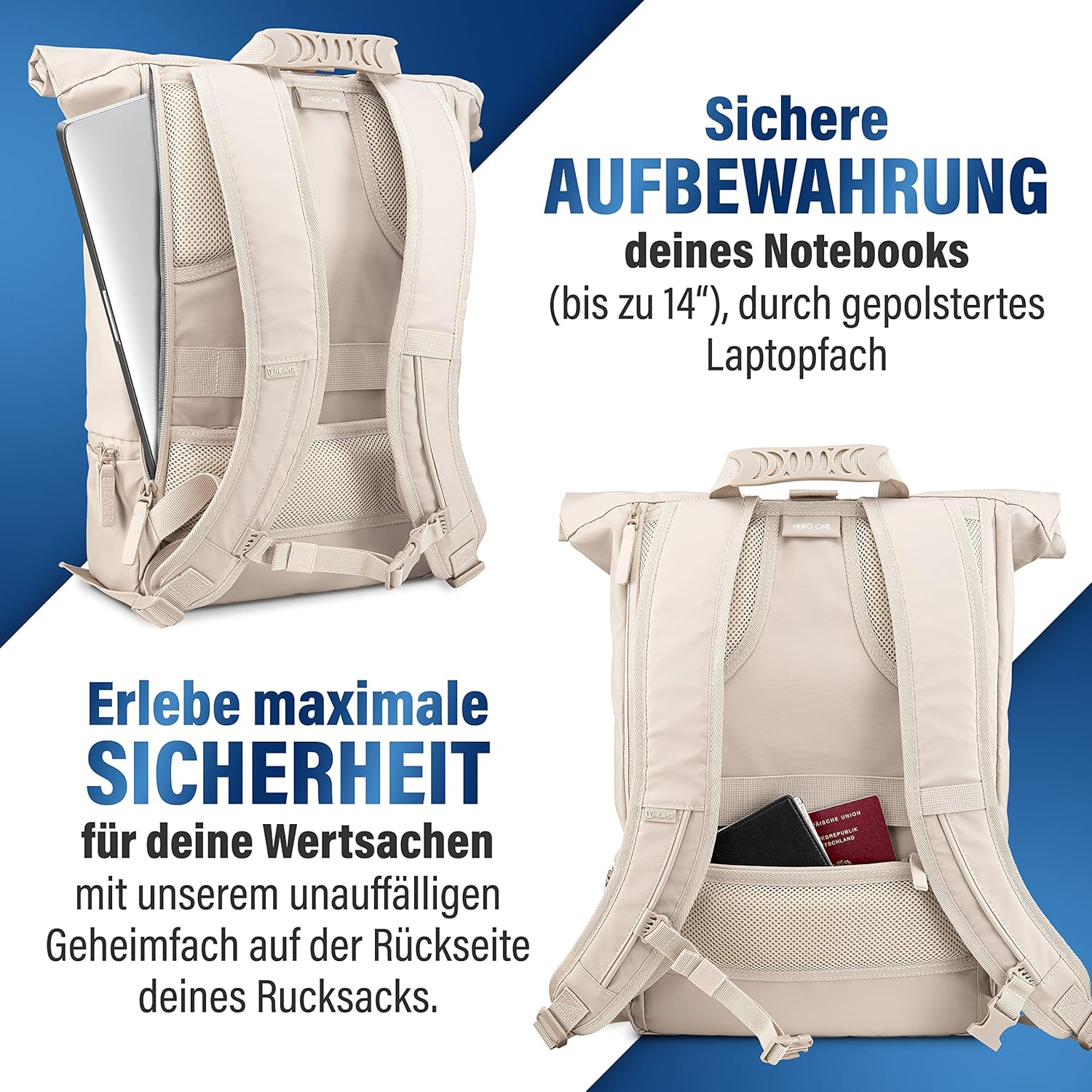 Heaver Rolltop Rucksack Damen & Herren mit Laptopfach Rollrucksack Daypack creme