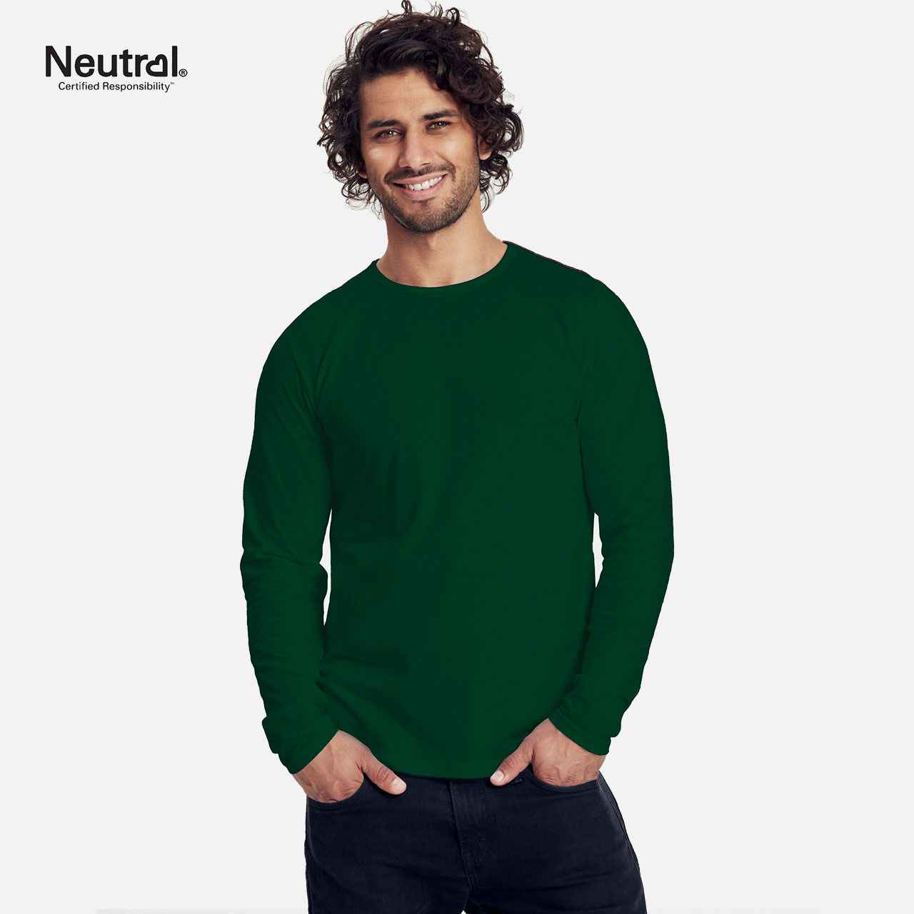 Herren-Langarmshirt, Rundhalsausschnitt, Dunkelgrün, Unifarben