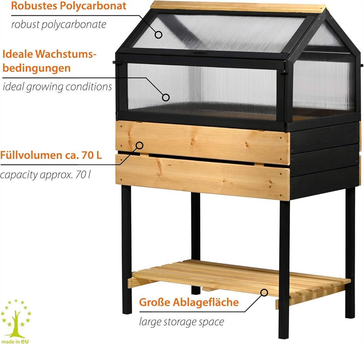 Gewächshaus, Polycarbonat, Holzblech, Metallgestell, 70 Liter