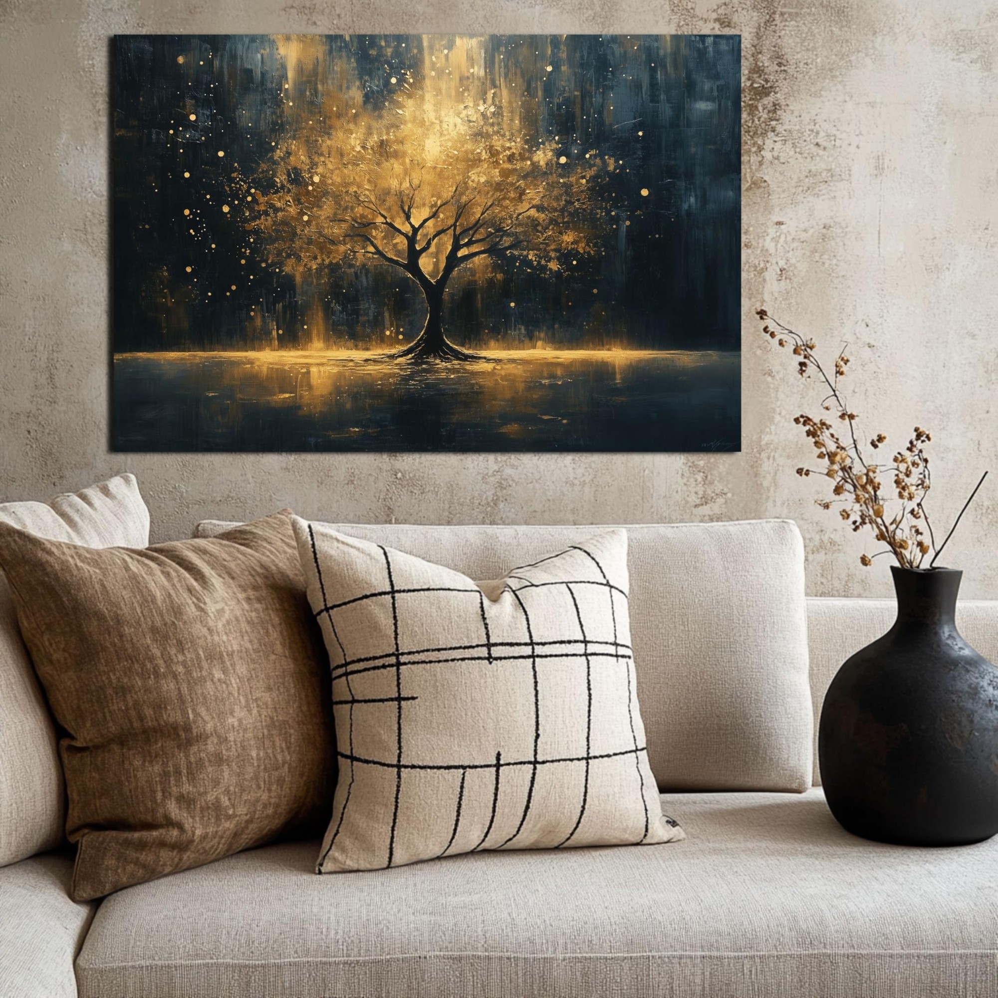Wandbild, Baum-Motiv, Leinwandbild, Gold-Schwarz, Abstrakte Malerei