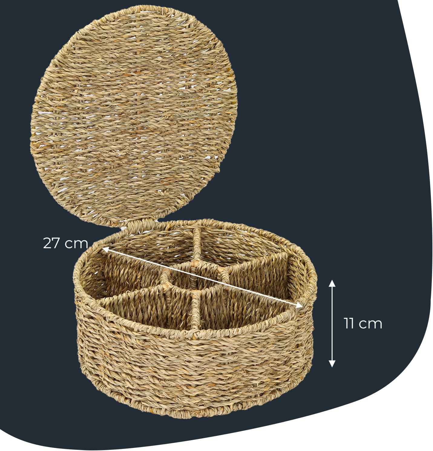 HMF Teebox für Teebeutel geflochten aus Seegras Tee Aufbewahrungsbox mit 7 großen Fächern 27 x 27 x 11 cm