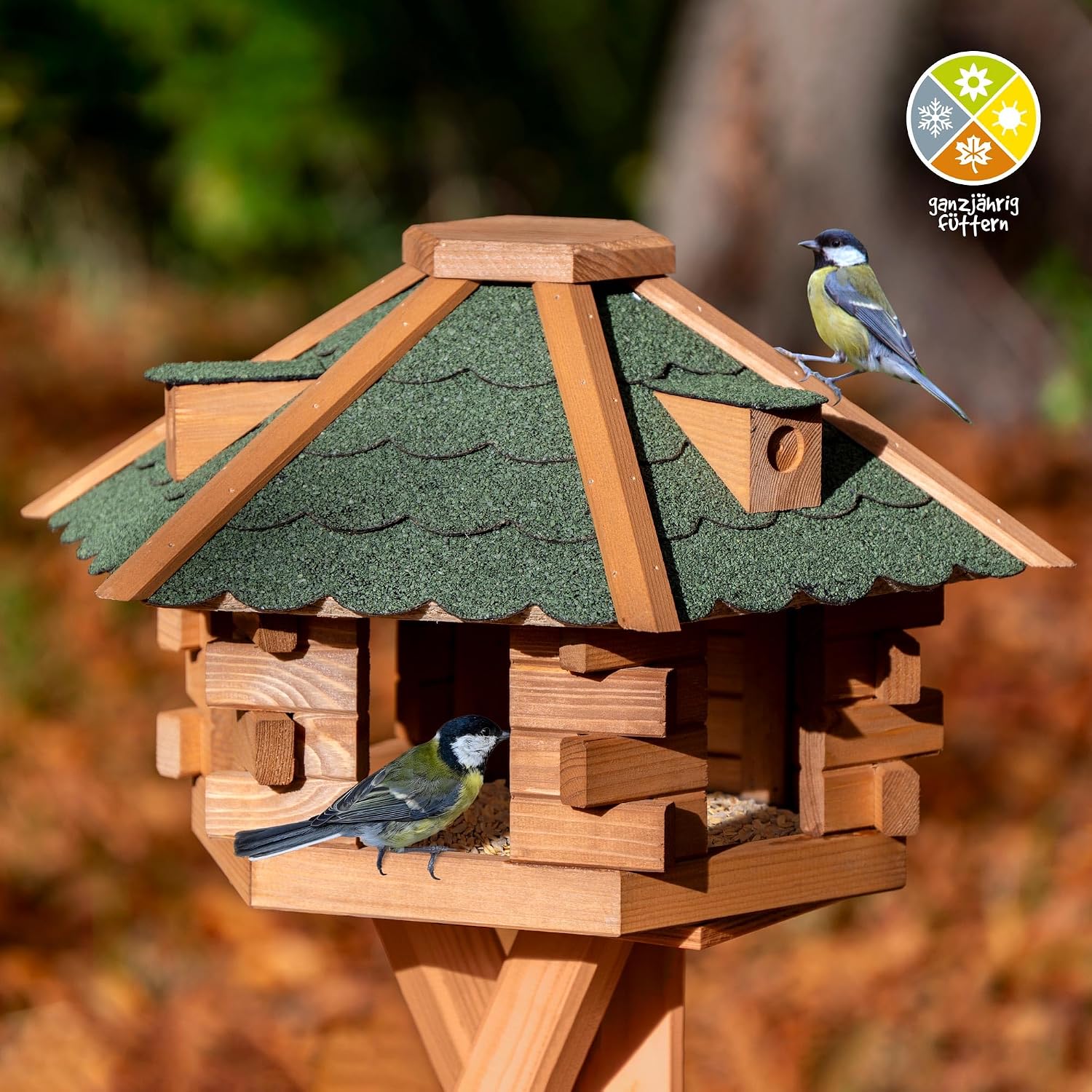 Vogelfutterhaus, Holz, grünes Dach, Futterspender, mit Standfuß