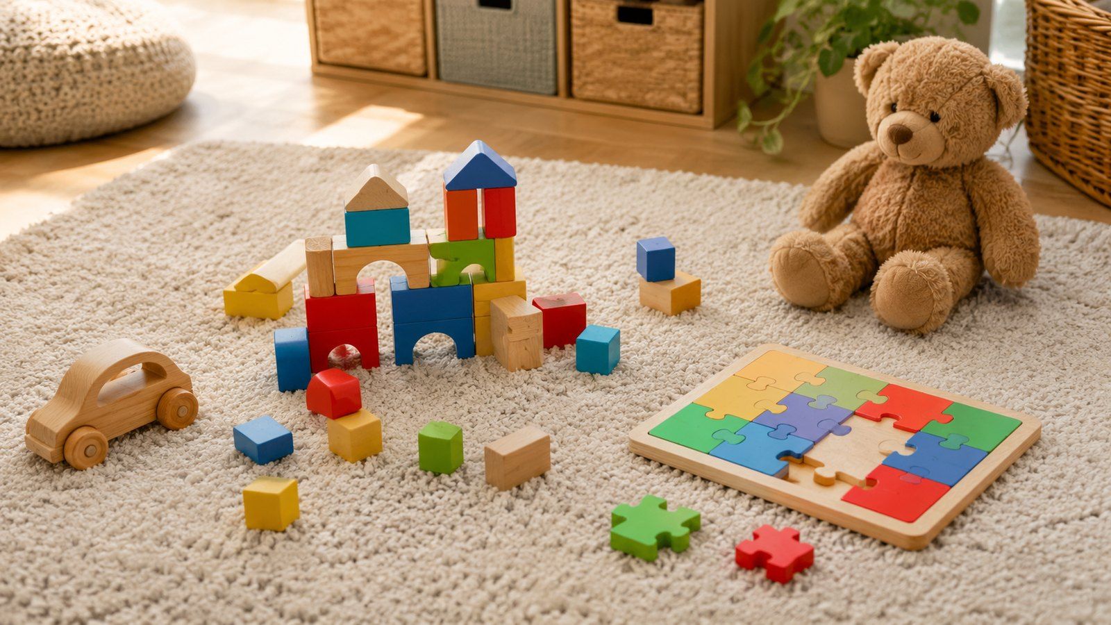 Holzspielzeug, Bausteine, Kuscheltier, Teppichspielzeug, Puzzlespiel